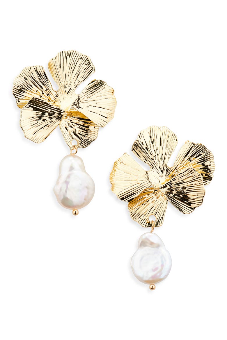 Pearl Drop Flower Earrings, Main, color, GOLD/ PEARL