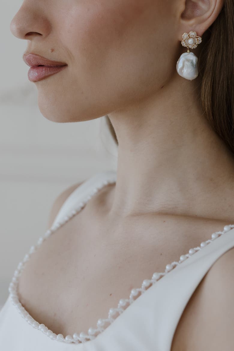 Jolie Pearl Drop Earrings, Alternate, color, Metallic Gold