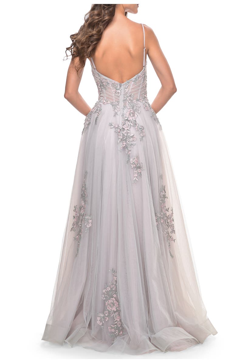 La Femme A-Line Tulle Prom Dress with Scattered Lace Applique, Alternate, color, Silver