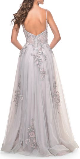 A-Line Tulle Prom Dress with Scattered Lace Applique