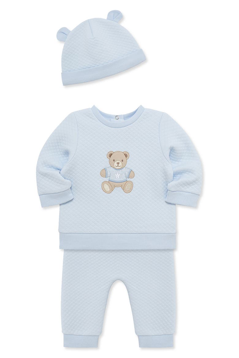 Bear Quilted Top, Pants & Hat Set, Alternate, color, BLUE