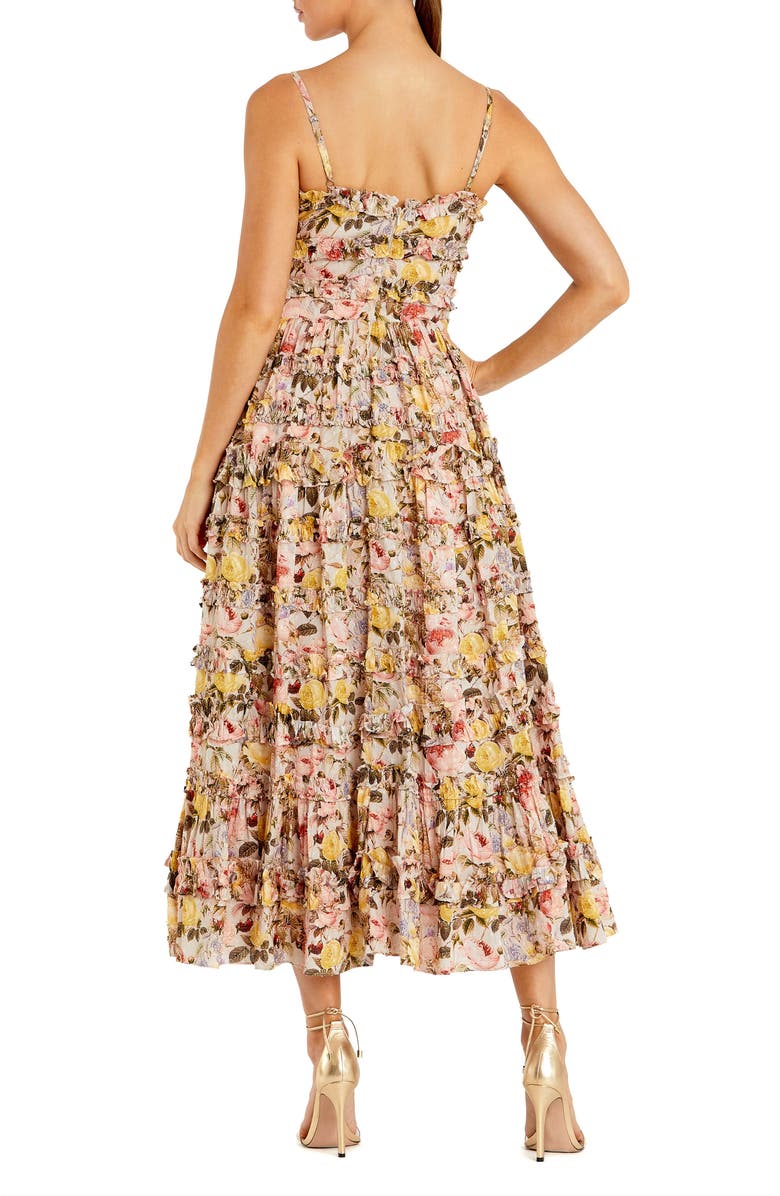Mac Duggal Floral Print Ruffle Tiered Midi Dress, Alternate, color, Ivory Multi