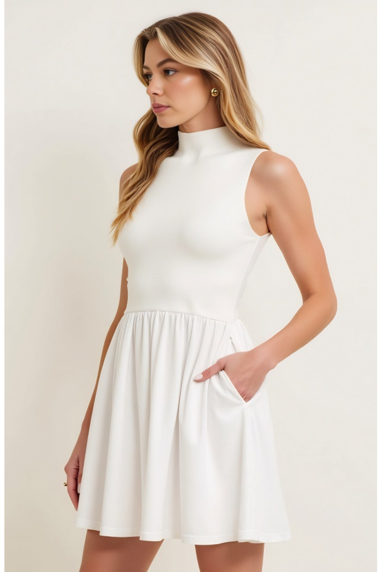 Mock Neck Sleeveless Mini Dress with Gathered Skirt and Pockets, Alternate, color, White