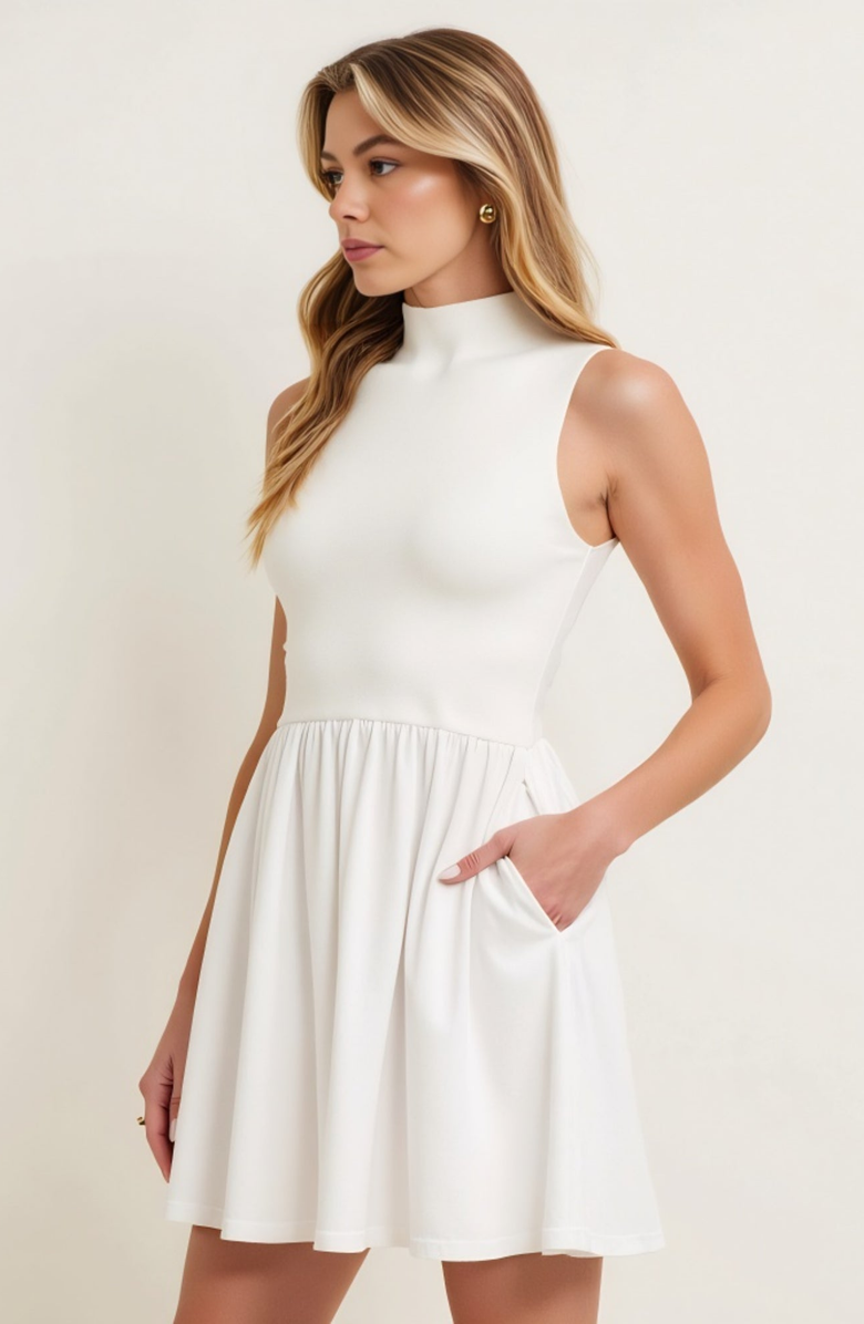 Modenaire Mock Neck Sleeveless Mini Dress with Gathered Skirt and Pockets, Alternate, color, 