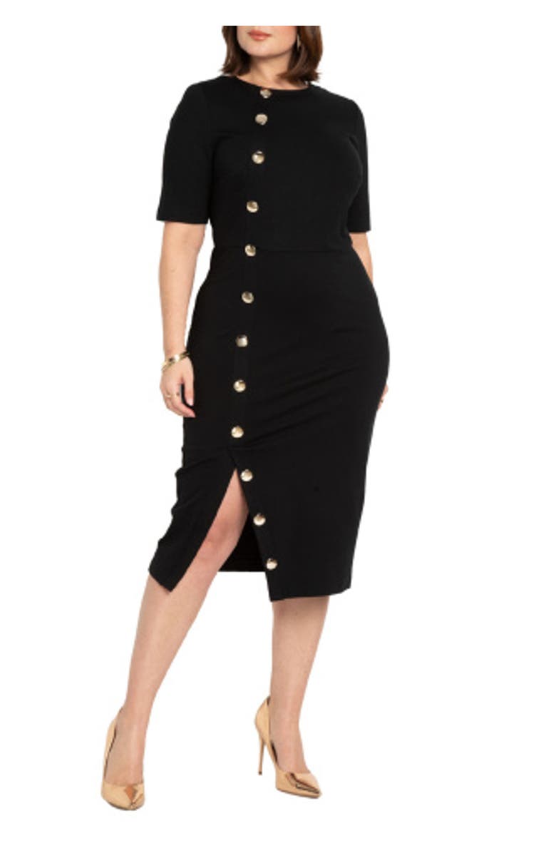 ELOQUII Button Front Workwear Dress, Main, color, Black Onyx