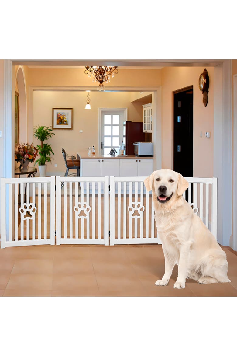 4 Panel Dog Gate White Foldable Wooden, Alternate, color, Multicolored