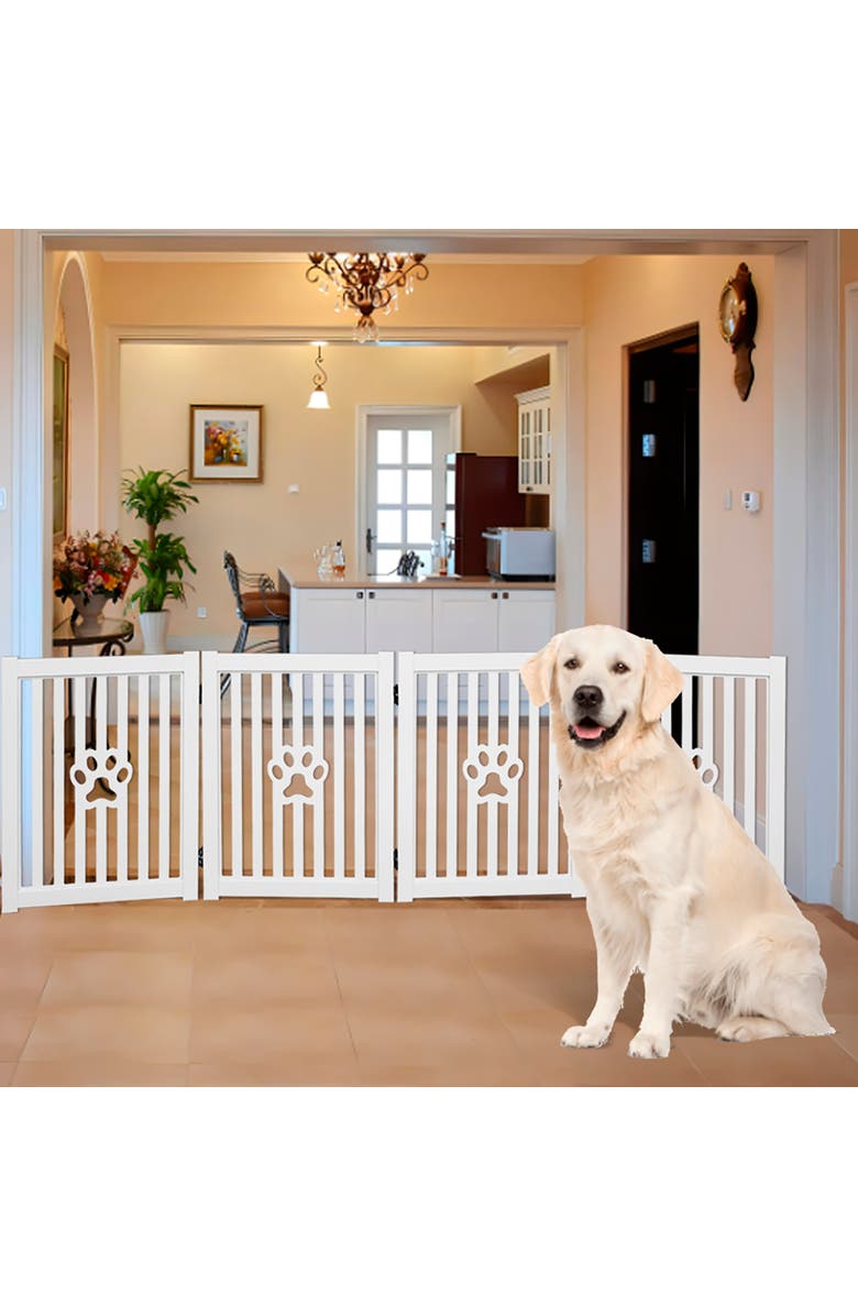 Trimate 4 Panel Dog Gate White Foldable Wooden, Alternate, color, Multicolored