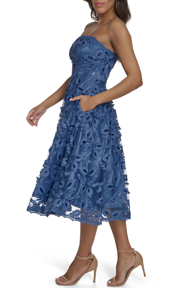 Eliza J Floral Sequin Strapless Midi Dress, Alternate, color, Blue