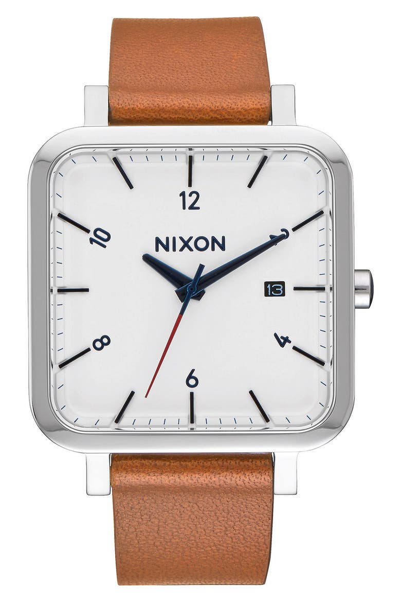 Ragnar Square Leather Strap Watch, 36mm, Main, color, SADDLE/ WHITE/ SILVER