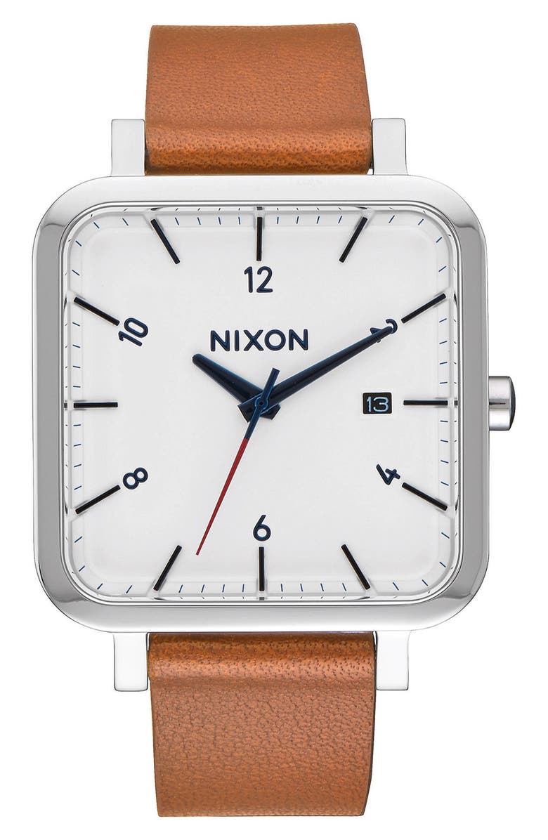 Nixon Ragnar Square Leather Strap Watch, 36mm, Main, color, 