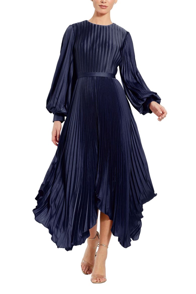 Long Sleeve Pleated Charmeuse Handkerchief Hem Midi Dress, Main, color, Midnight