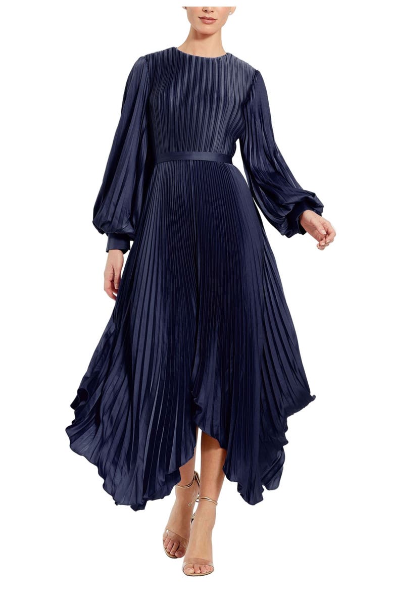 Mac Duggal Long Sleeve Pleated Charmeuse Handkerchief Hem Midi Dress, Main, color, Midnight