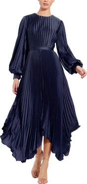Mac Duggal Long Sleeve Pleated Charmeuse Handkerchief Hem Midi Dress