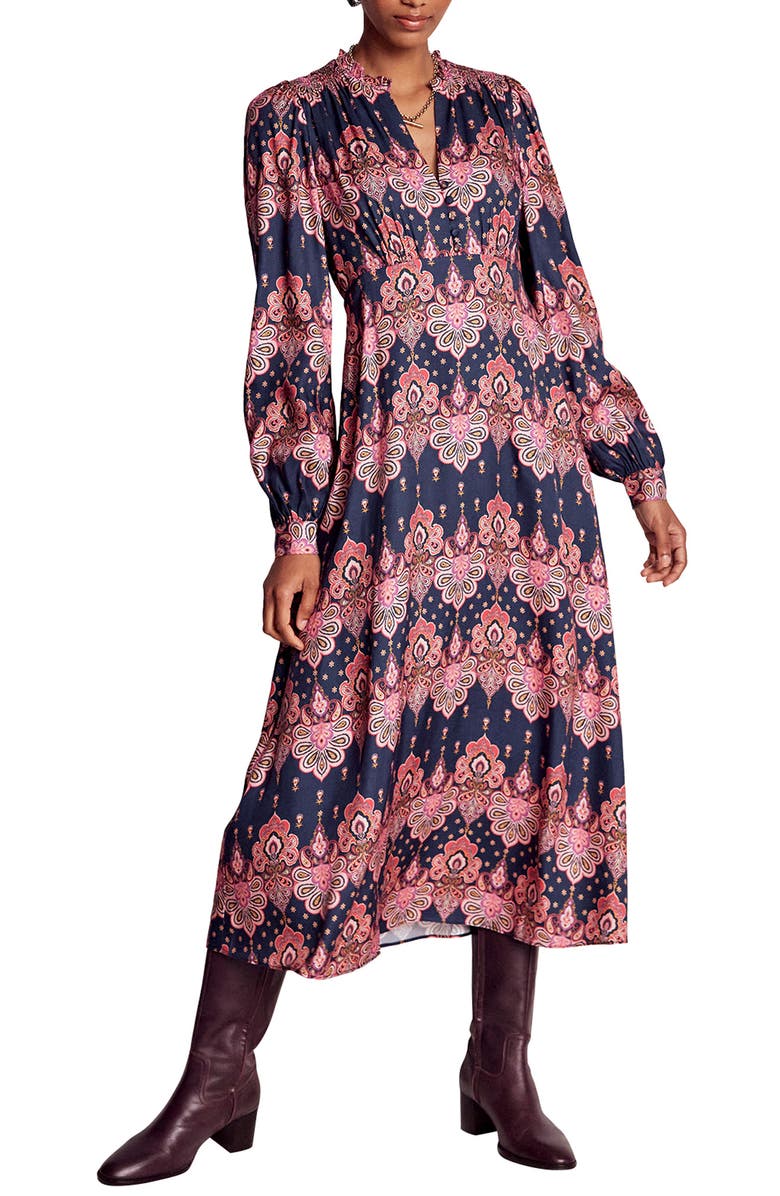 Boden Paisley Long Sleeve Midi Dress, Main, color, Navy Embellished Paisley