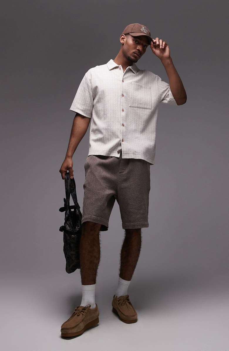 Topman Oversize Textured Stripe Short Sleeve Knit Cotton Button-Up Shirt, Alternate, color, Ecru