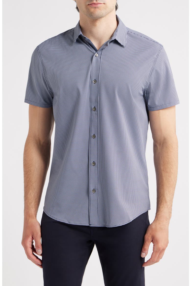 Trim Fit Houndstooth Short Sleeve Performance Button-Up Shirt, Main, color, WHITE/ NAVY