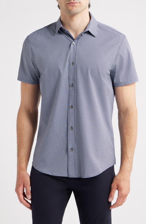 Trim Fit Houndstooth Short Sleeve Performance Button-Up Shirt
