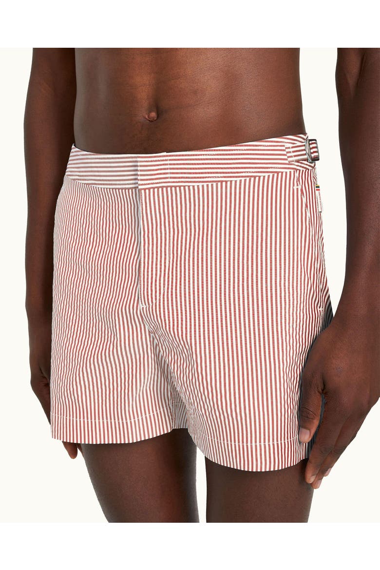 Bulldog Mid-Length Classic Fit Stripe Seersucker Swim Shorts, Alternate, color, Pink lemonade/white stripe