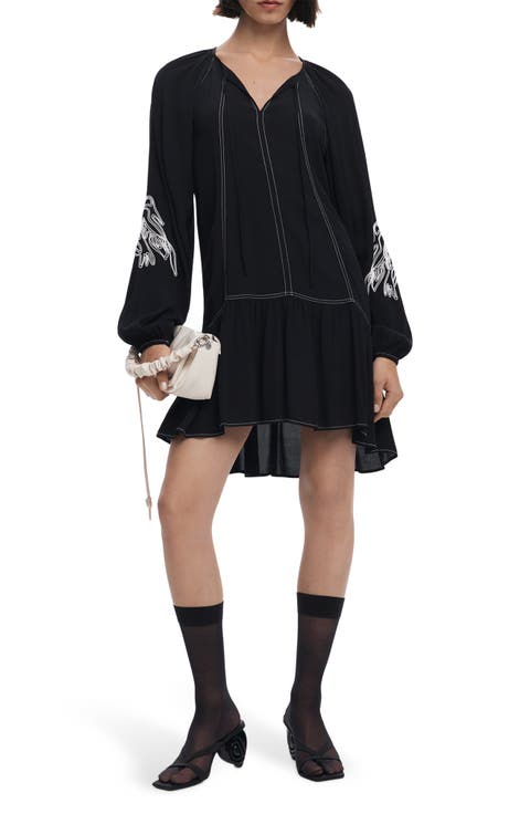 Embroidered Long Sleeve Shift Minidress