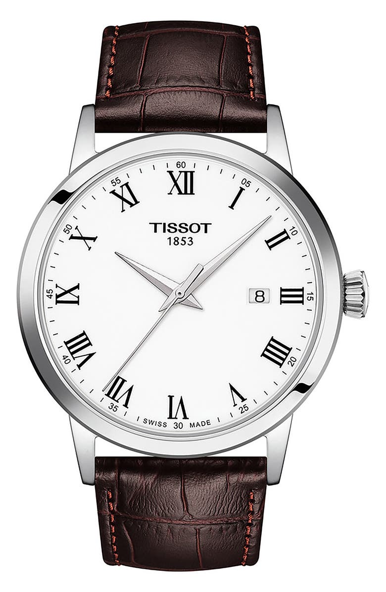 Tissot Classic Dream Leather Strap Watch, 42mm, Main, color, White