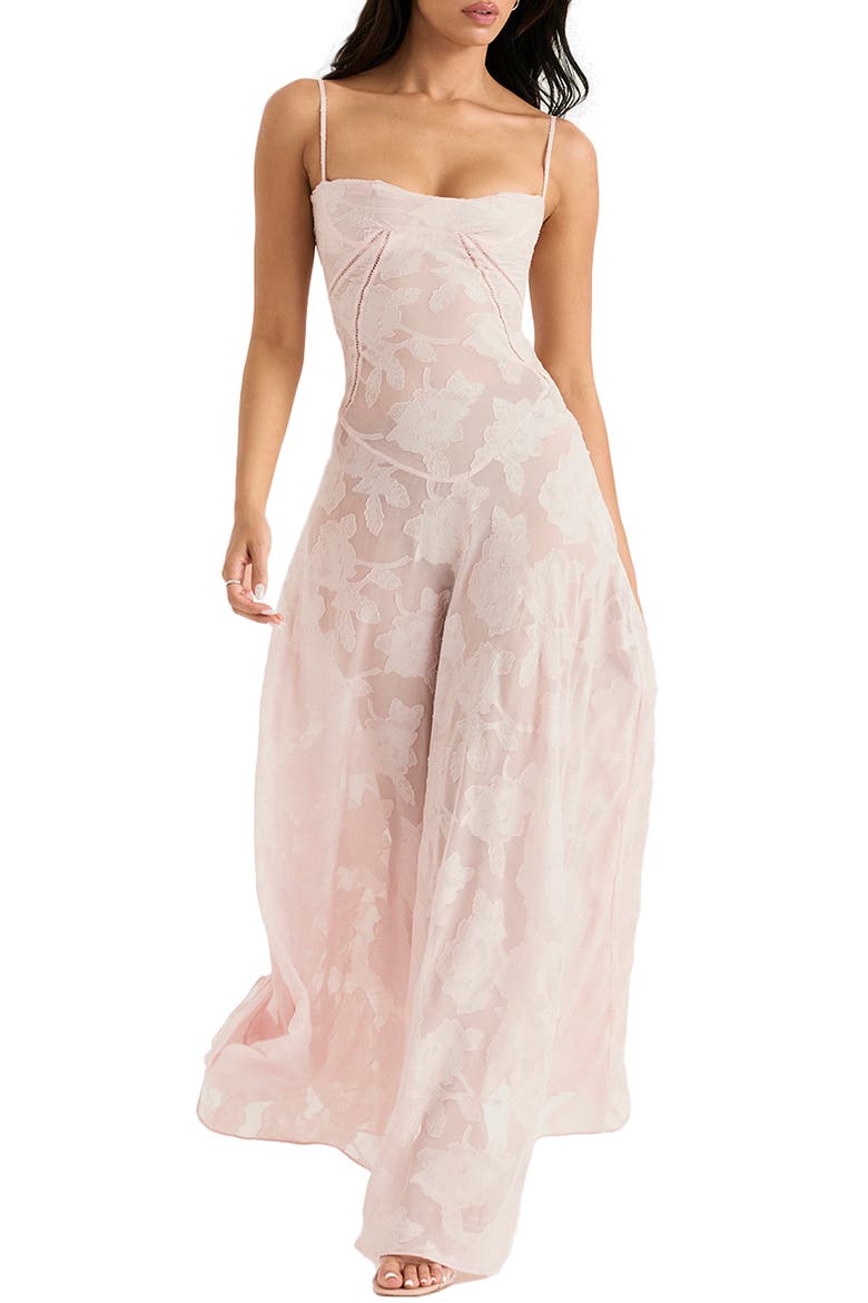 Seren Blush Sheer Lace-Up Back Gown, Main, color, BLUSH