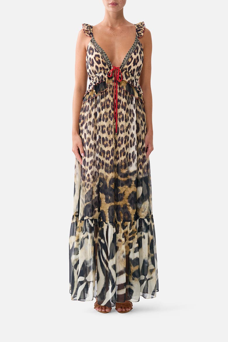 Frill Bralette Long Dress, Main, color, Leotigra Land