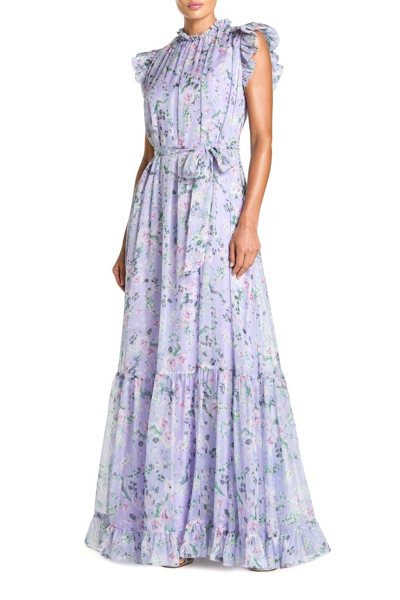 Belted Floral Chiffon Ruffle Sleeve Gown, Main, color, Orchid Multi