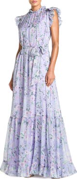 Mac Duggal Belted Floral Chiffon Ruffle Sleeve Gown
