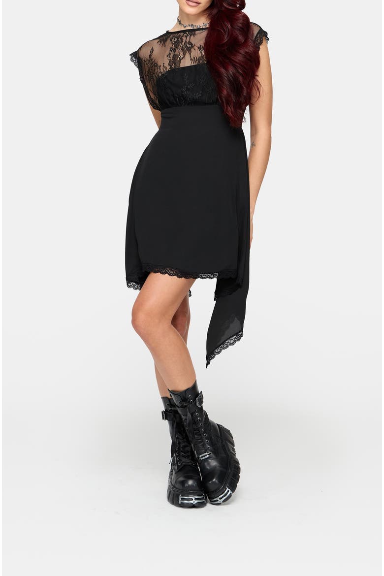 Mairi Lace Overlay Hanky Hem Mini Dress, Alternate, color, Black