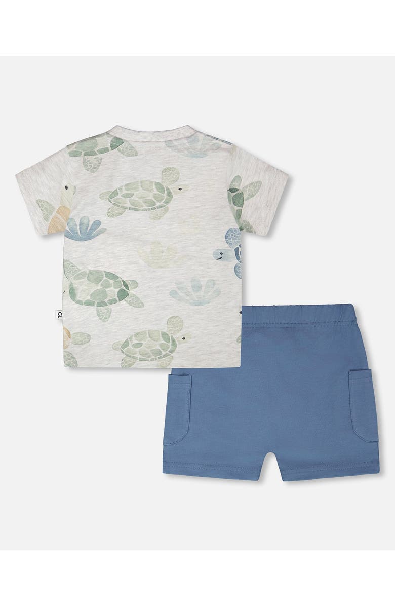 Deux par Deux Jersey T-Shirt and Organic Cotton Turtle Print Jersey Shorts Set, Alternate, color, Grey Mix Turtle & Medium Blue