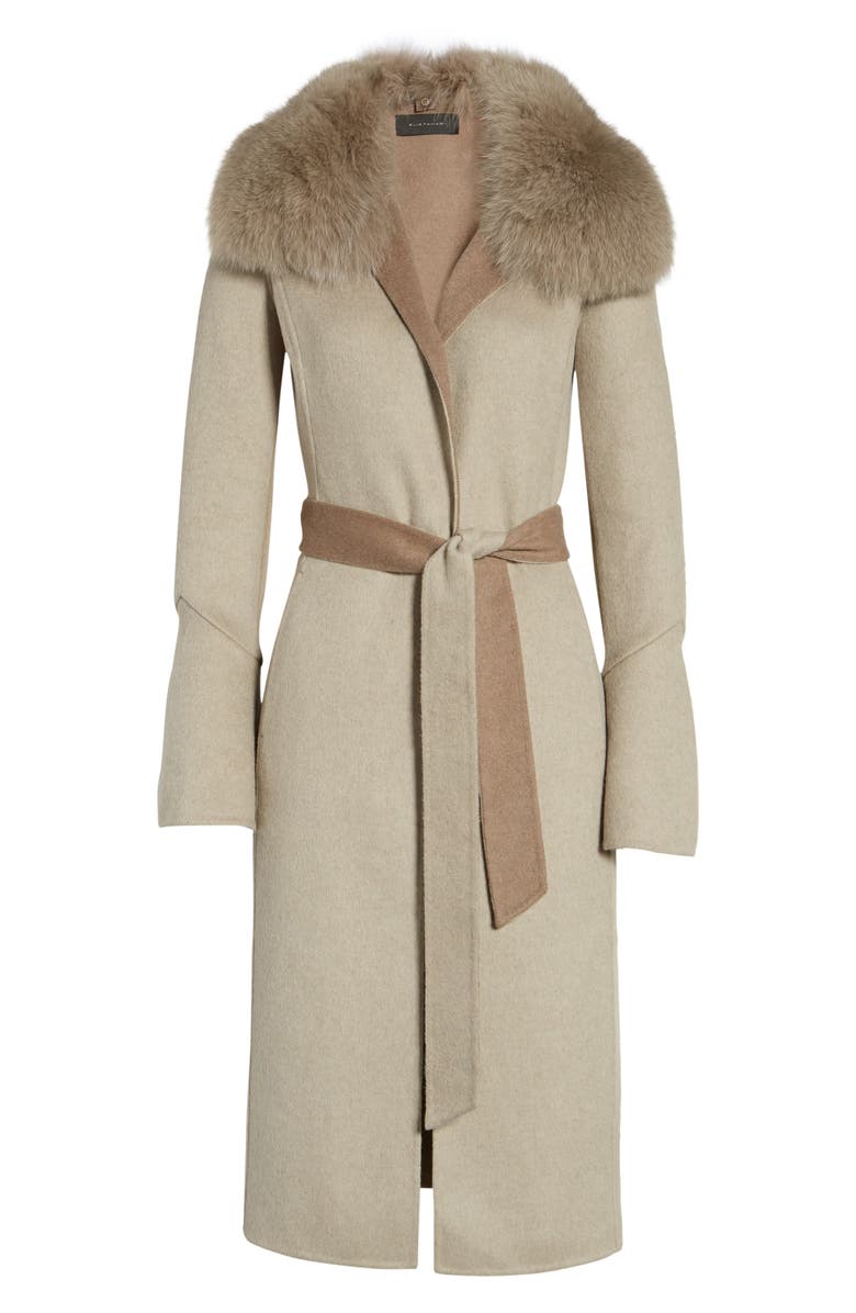 Elie Tahari Annabelle Genuine Fox Fur Trim Double Face Long Wrap Coat, Alternate, color, 