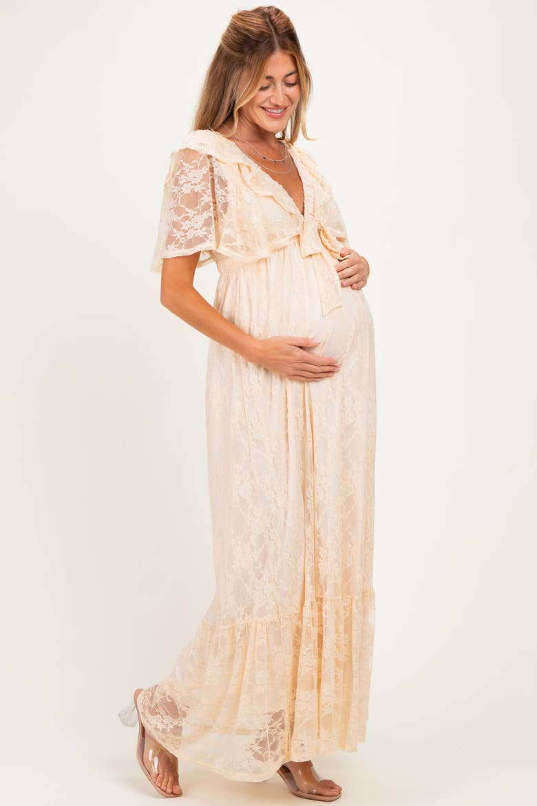 Lace Flutter Sleeve Tiered Maxi Dress, Alternate, color, Beige