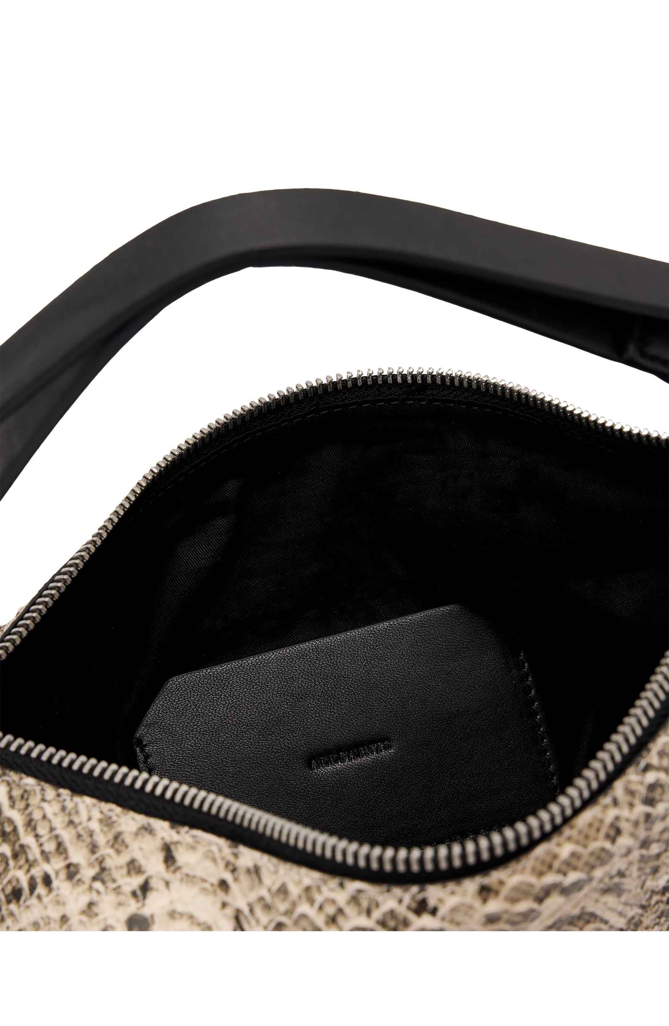 AllSaints Mirco Luna Snakeskin Embossed Leather Shoulder Bag, Alternate, color, Desert White