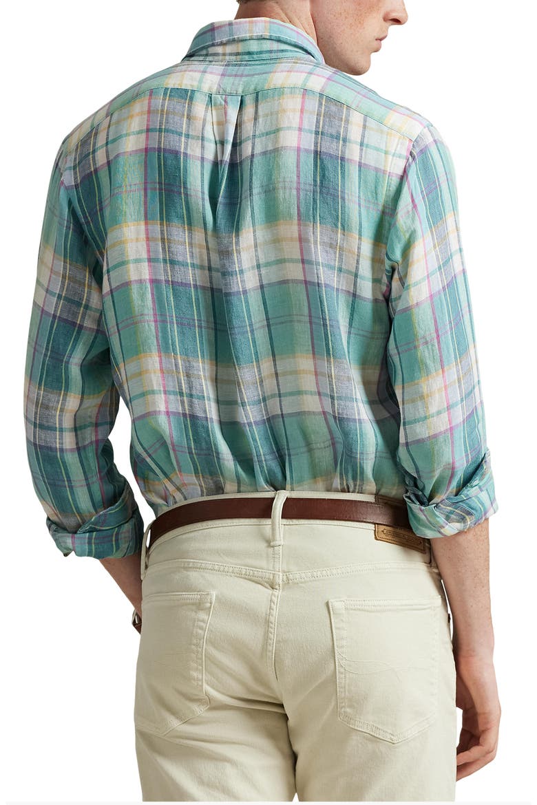 Classic Fit Plaid Linen Button-Down Shirt, Alternate, color, GREEN BLUE WHITE