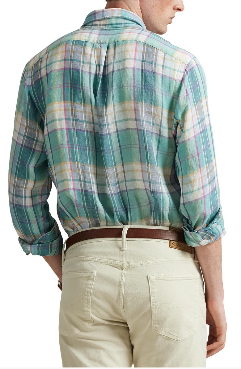 Polo Ralph Lauren Classic Fit Plaid Linen Button-Down Shirt, Alternate, color, Green Blue White
