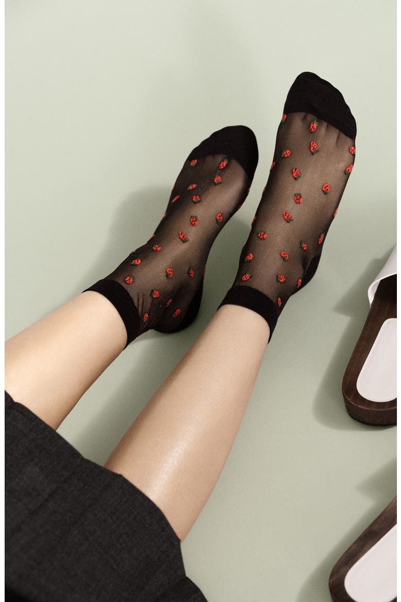 Baby Strawberry Sheer Crew Socks, Alternate, color, BLACK