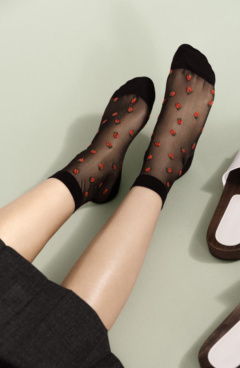 Hansel From Basel Baby Strawberry Sheer Crew Socks, Alternate, color, Black