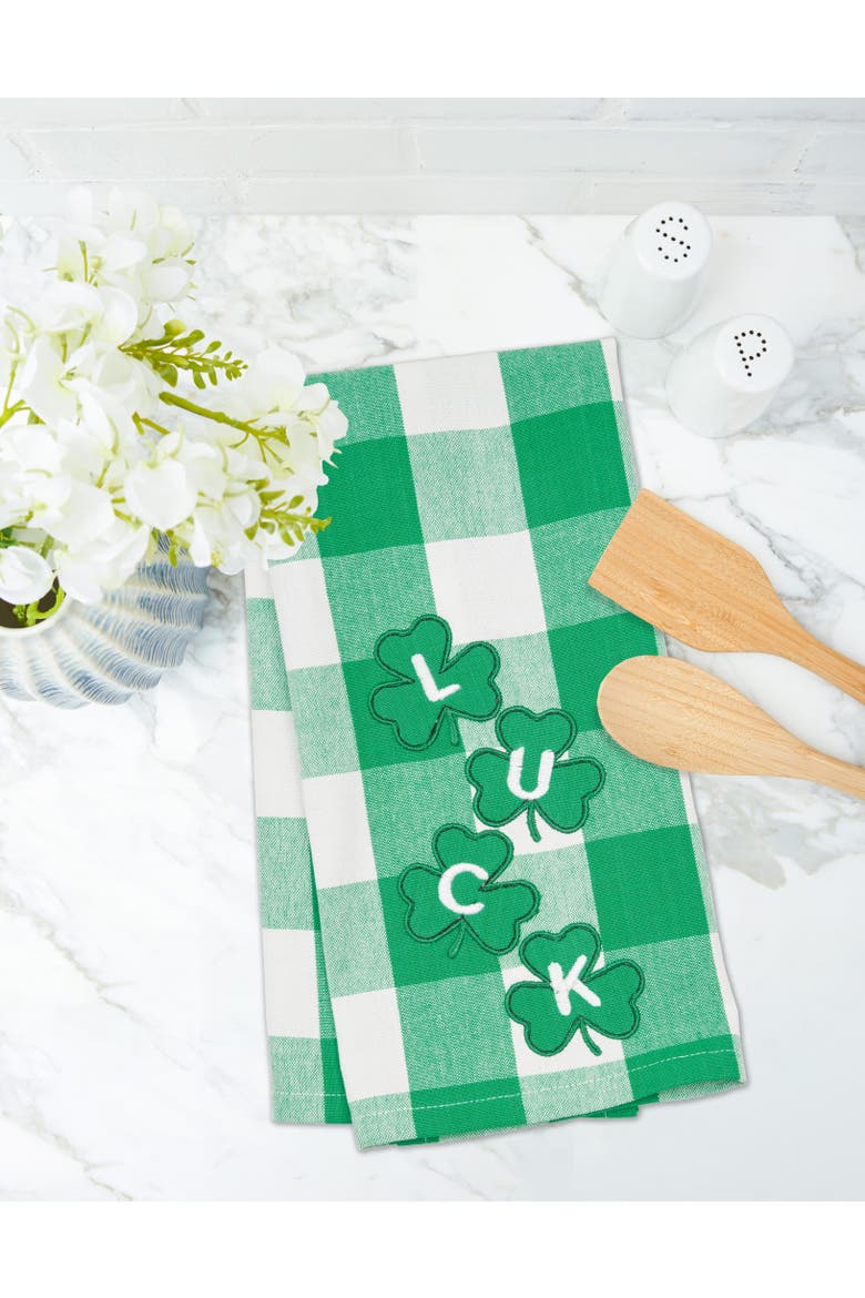 St. Patrick's Day Four Clover "Luck" Plaid Check Cotton Kitchen Dishtowel, Alternate, color, Green
