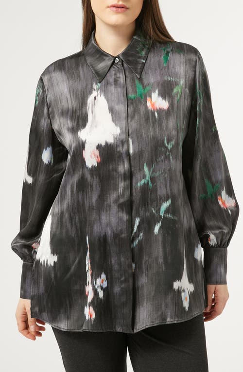 Marina Rinaldi Tamigi Abstract Floral Print Silk Button-Up Shirt in Dark Grey 