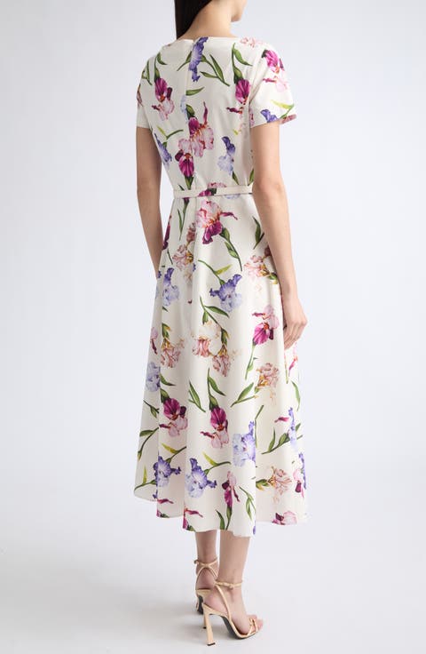 Iris Flower Cotton Stretch Poplin Midi Dress