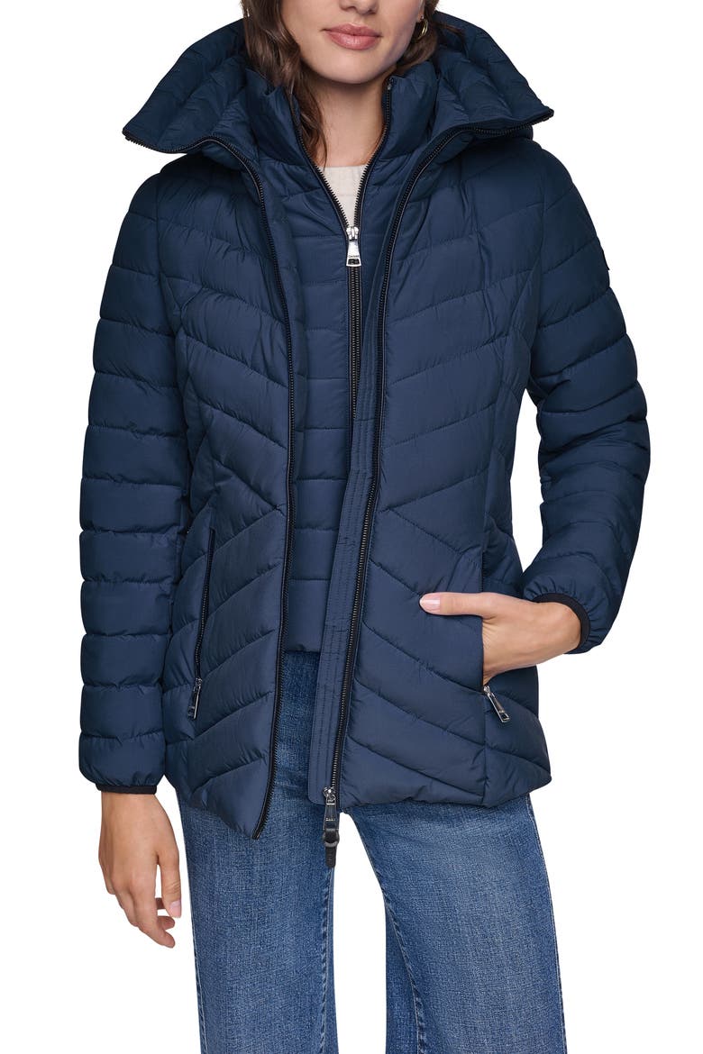 Water Resistant Lightweight Puffer Jacket with Bib, Alternate, color, DARK NAVY
