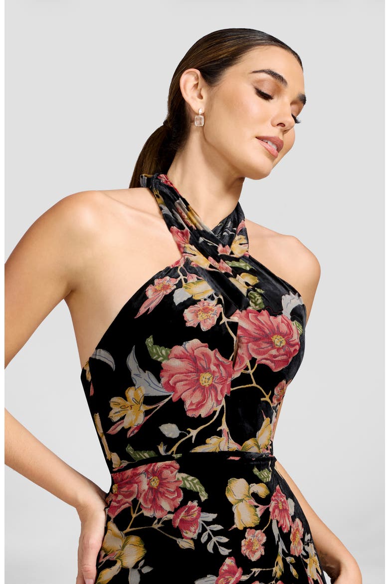 Brighton Floral Burnout Velvet Halter Gown, Alternate, color, BLACK MULTI