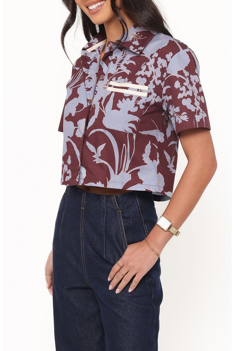 Aine Cropped Short Sleeve Shirt, Alternate, color, BURGUNDY FLORAL