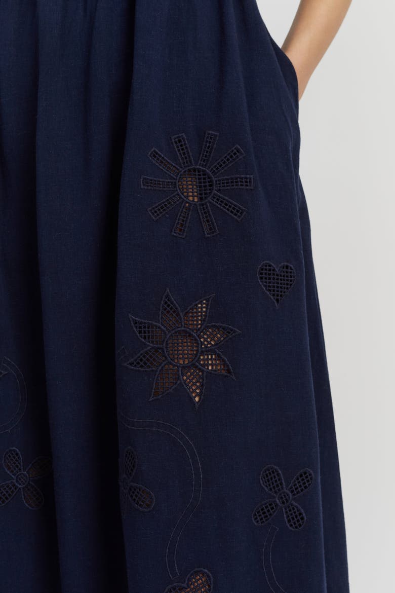 Sienna Linen-Blend Broderie Summer Dress, Alternate, color, Blue