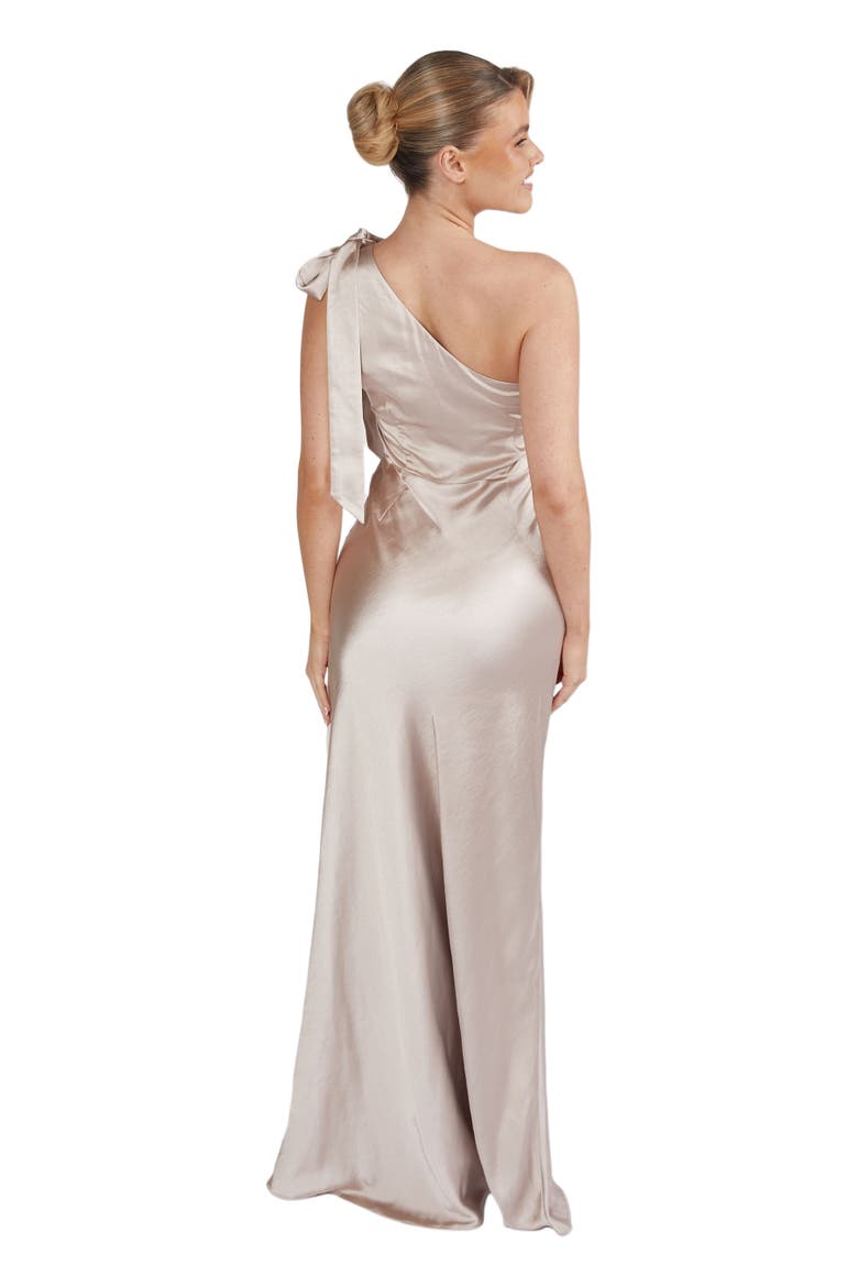 Bow One Shoulder Satin Bridesmaid Dress, Alternate, color, Oyster