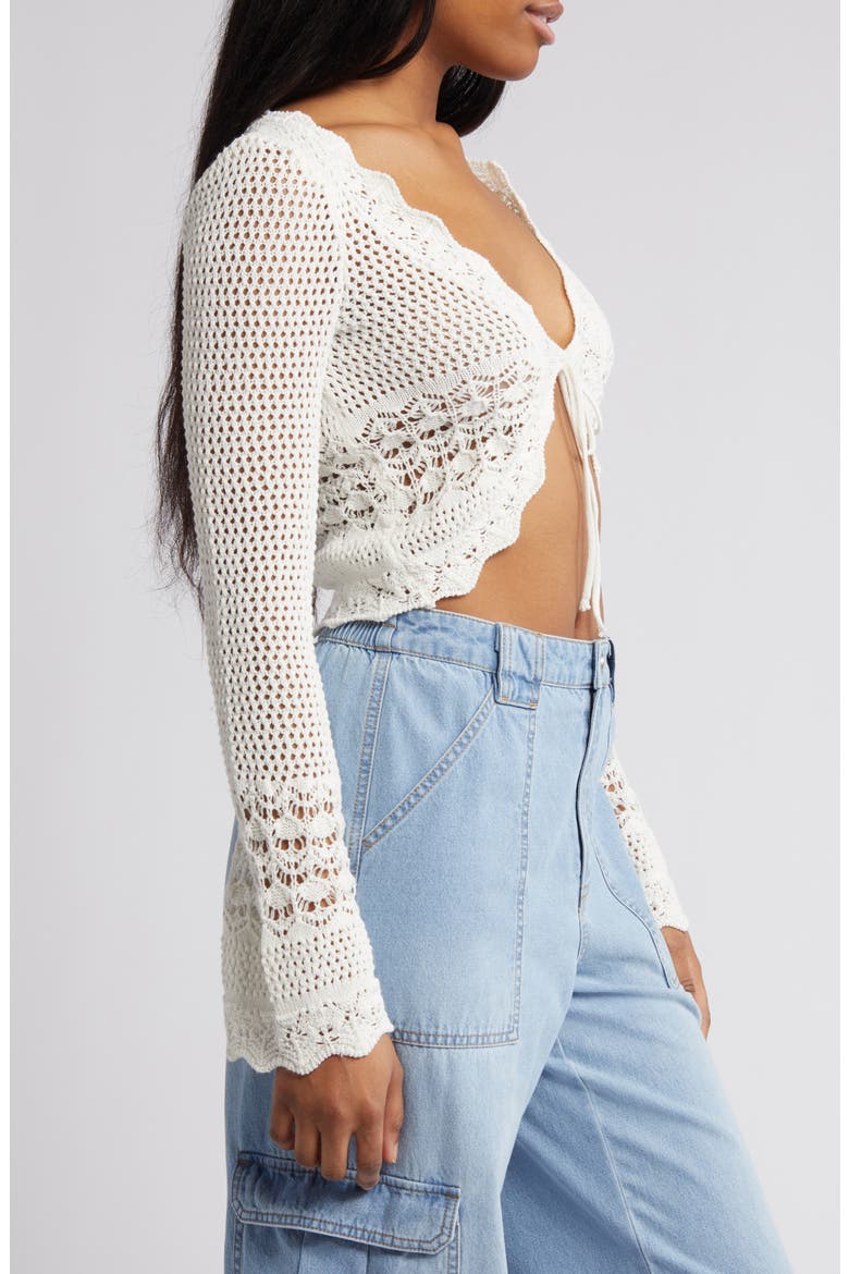 Open Stitch Tie Front Crop Cardigan, Alternate, color, ECRU