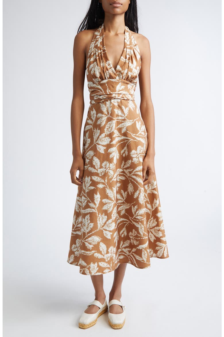 Bella Cotton Poplin Halter Dress, Alternate, color, CARAMEL