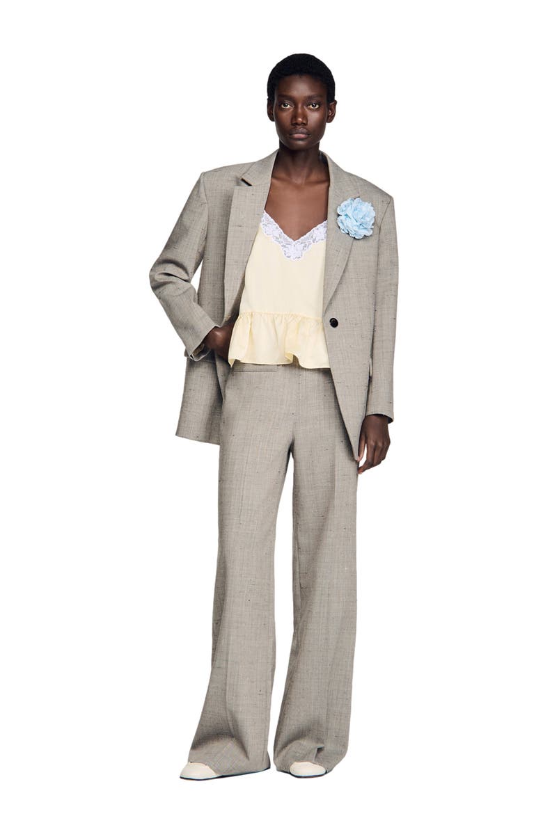 SANDRO Wide-leg check wool trousers, Alternate, color, Greige