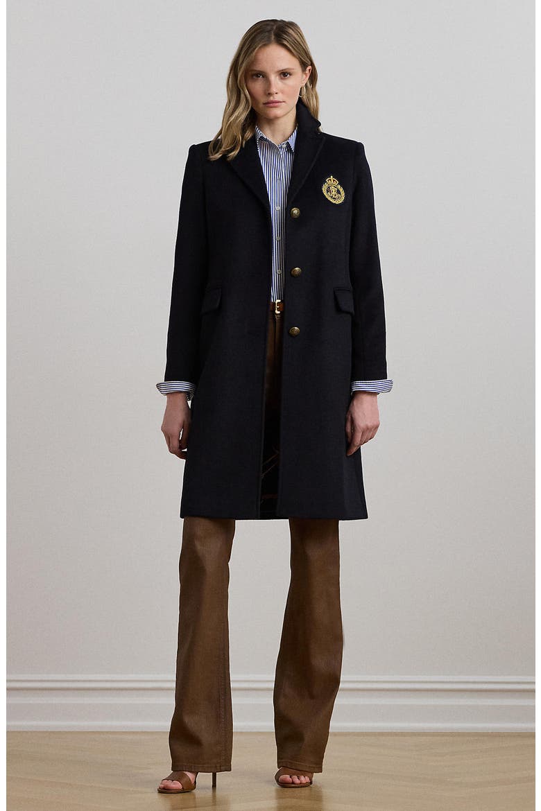 Crest Patch Wool Blend Reefer Coat, Alternate, color, REGAL NAVY