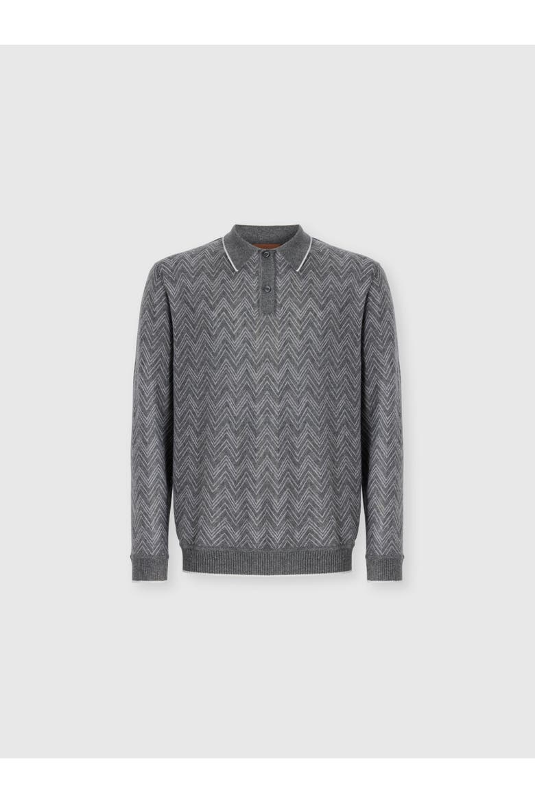 Long-sleeve Cashmere Zig Zag Polo Shirt, Main, color, Grey